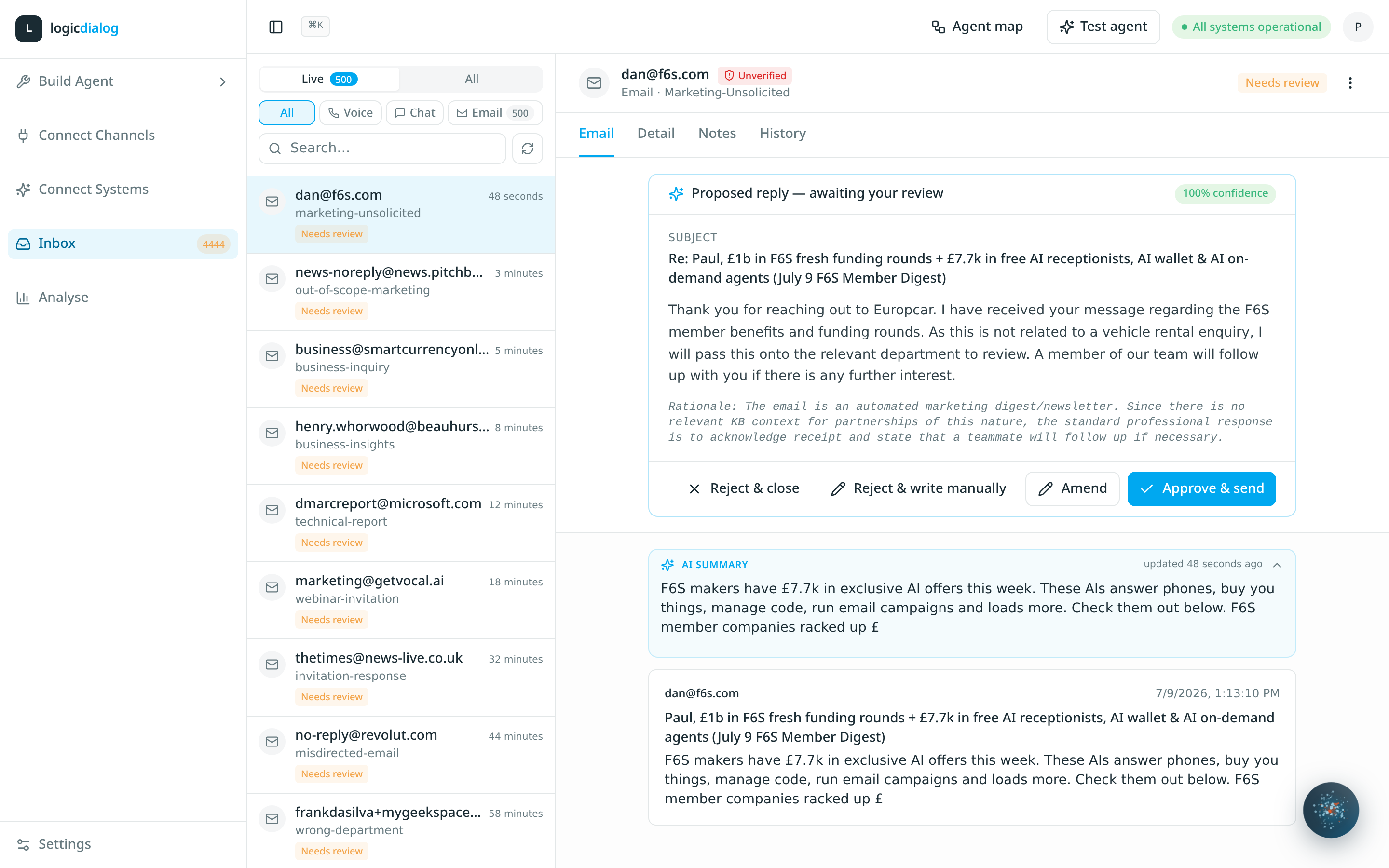 Logicdialog unified inbox with AI summary